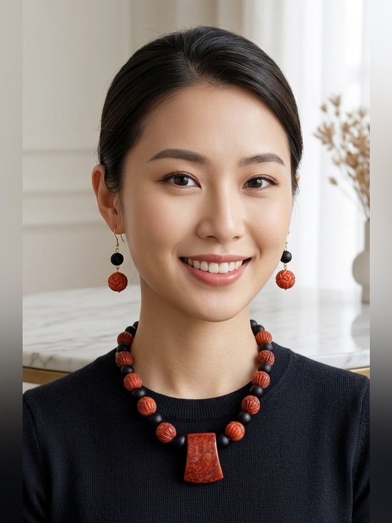 Jewelry - Handcrafted Carved Sponge Coral & Black Onyx Statement Necklace with Earrings